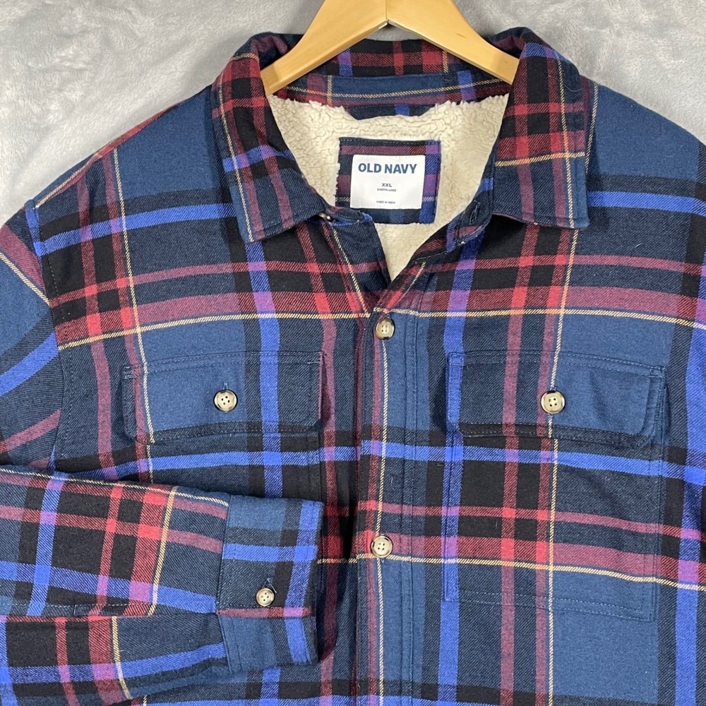 Old Navy Men's Plaid Sherpa Lined Flannel Shirt Jacket XXL Blue Red Black